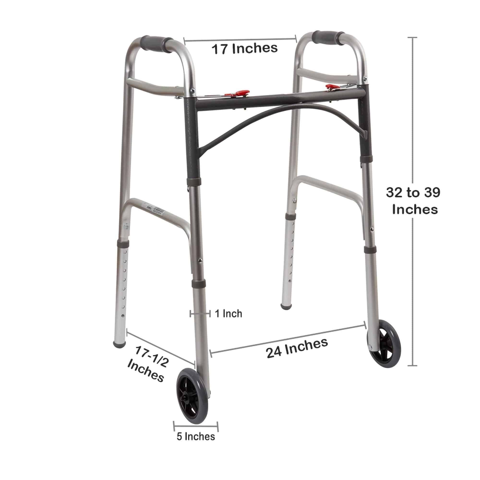 Dual Release Folding Walker with Wheels Adjustable Height McKesson Aluminum Frame 350 lbs. Weight Capacity 32 to 39 Inch Height