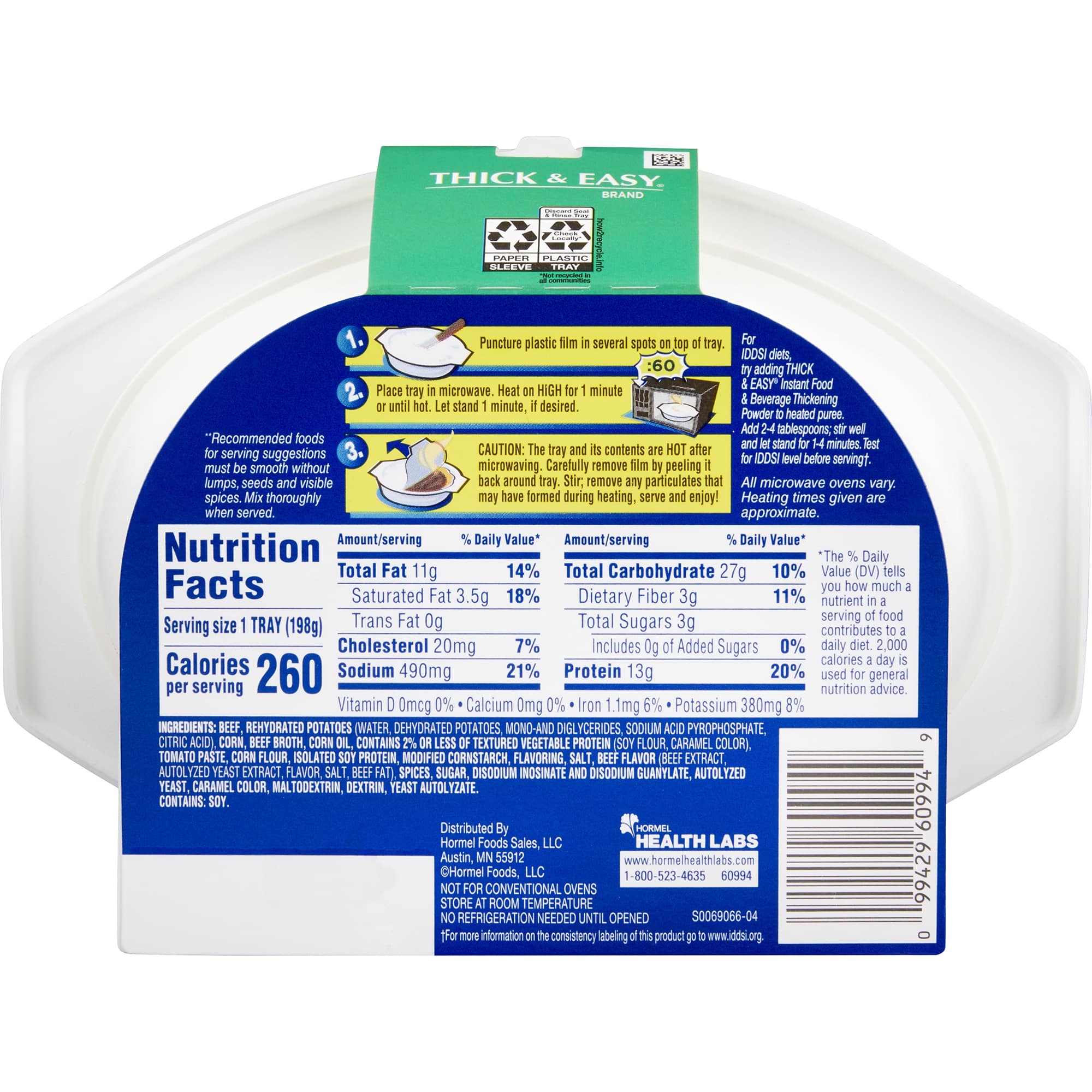 Thickened Food Thick & Easy® Purees 7 oz. Tray Beef with Potatoes / Corn Flavor Puree IDDSI Level 2 Mildly Thick